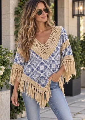 Umgee Blue & Beige Crochet Fringe Top Size 1x thumbnail 1