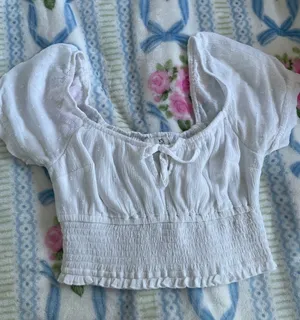 Hollister White Smocked Puff-Sleeve Crop Top thumbnail 1