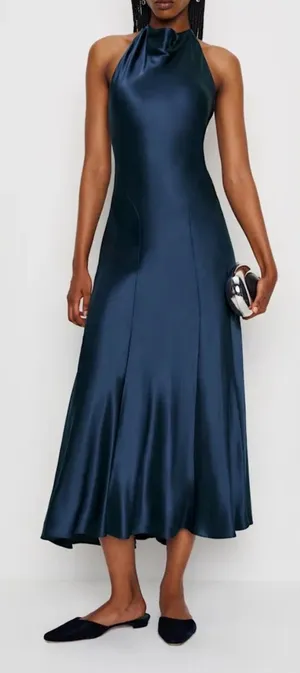 NEW Reformation Kaylah Silk Halter Navy Blue Dress sz 6 thumbnail 1