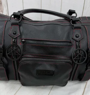 Killstar Black Duffel Bag with Red Stitching and Pentagram Pulls thumbnail 1