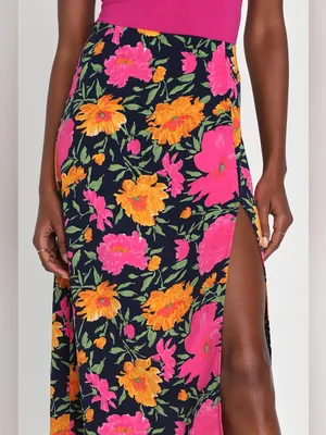 Lulus Playful Elegance Navy and Pink Floral Print High-Rise Midi Skirt Medium thumbnail 3