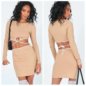 Princess Polly Womens Ribbed 2 Piece Set Tan Long Sleeve Mini Skirt Sz 8 thumbnail 2