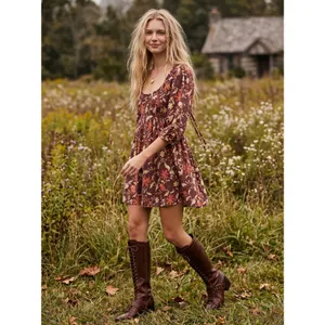 Free People Western Bohemian Dainty Lola Mini Dress Mocha Combo Large Floral NWT thumbnail 3