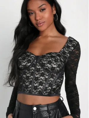 LULU's Sexy Romantic Chic Lace Bustier Long Sleeve Date Night Party Top thumbnail 1