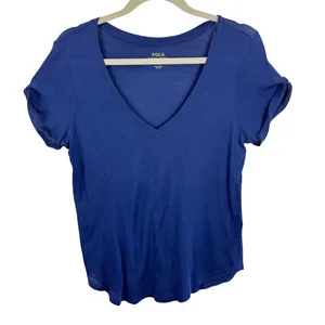 Polo Ralph Lauren Womens Navy Blue V-Neck Cuffed‎ Short Sleeve Cotton T-Shirt M thumbnail 1