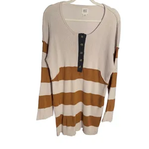 BDG Womens Ivory Brown Tunic Sweater Dress‎ Sz Large Henley Striped Ribbed Knit thumbnail 4