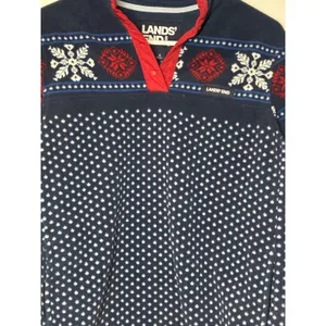 Lands' End navy blue fleece pullover white snowflake dot pattern Small thumbnail 2