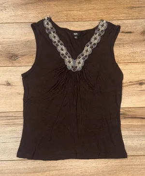 MOSSIMO Vintage 2000s Y2k Brown Lace Trim Embroidered Tank Top | Size Medium thumbnail 1