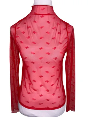 NWT Serra Red Mesh Bow Design Top Medium M Mock Neck Sheer Long Sleeve Aldi Find thumbnail 2