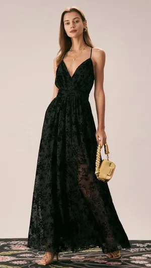 RIHOAS The Black Floral Flocked Mesh Slit Maxi Dress XS 37 thumbnail 1