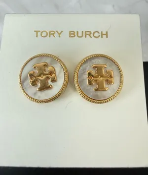 Tory Burch | Gold Plated & Mother of Pearl Logo Button Stud Earrings thumbnail 1