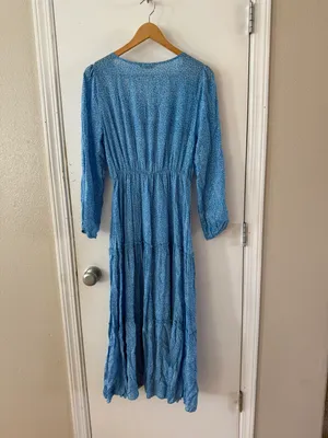Blue Floral Long Sleeve Flowly Long Dress thumbnail 4