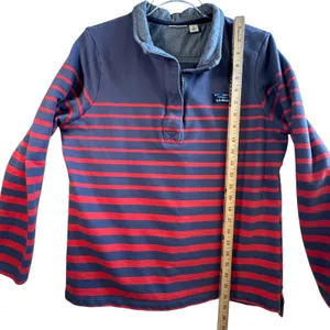 LL Bean Sweatshirt Katahdin Logo Cotton Stripe Henley‎ Pullover Navy Red L Rugby thumbnail 6