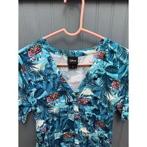 Disney Women Blue Tropical Palm Leaf House Print Button Front Midi Dress Size 0 thumbnail 2