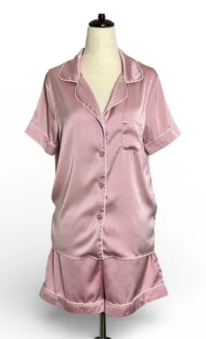 Pink Satin Pajama Set by Kennedy Blue, Button Front Shirt and Shorts size Medium thumbnail 1