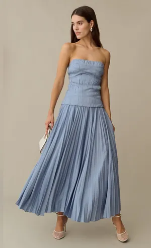 O.p.t. Few Moda Blue Size 2 ADA Pleated Strapless Midi Dress thumbnail 1