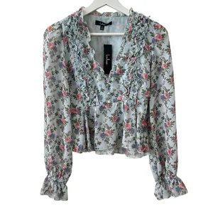 NWT Lulus Undeniably Darling Light Blue Floral Chiffon Balloon Sleeve Top XS thumbnail 4