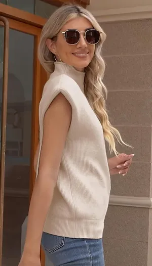 Supper Club Boutique Sleeveless Mock Neck Ribbed Sweater Vest thumbnail 4