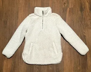 COZY SHERPA Quarter Zip White Pullover Sweater Jacket High Collar Soft Sz Small thumbnail 1