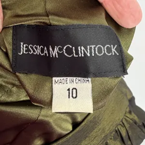 Jessica McClintock Olive Green Ruched Lattice Back Mini Dress‎ Size 10 Y2K thumbnail 4