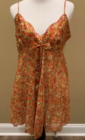 Victoria’s Secret Orange Yellow Floral Slip Dress Size XS Bow Straps Sexy Sheer thumbnail 1
