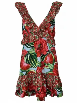 FARM Rio Watermelon Flowers Mini Dress Red Multi Cotton Ruffle Size S thumbnail 2