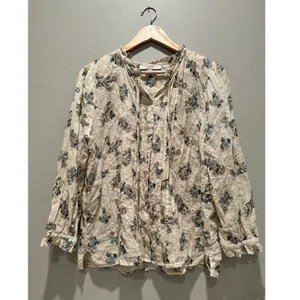 LOFT Floral Bouquet Ruffle Neck Button‎ Front Cotton Blouse Large Peasant Boho thumbnail 2