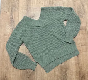 PINK ROSE | Sage Green V Neck‎ Textured Knit Long Sleeve Off Shoulder Sweater, S thumbnail 1