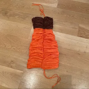 Mistress Rocks let Me Go Chocolate Orange Print Ruched Halter Mini Dress Size XS thumbnail 7