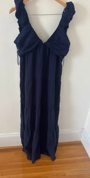 Jason Wu Navy Blue Linen Blend Tiered Maxi Dress Ruffle V-Neck Smocked thumbnail 1