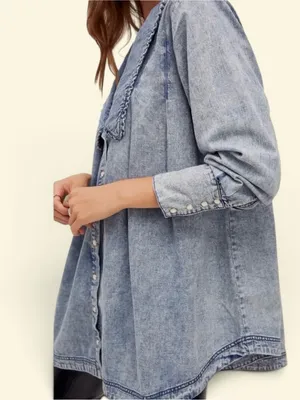 Free People Ruffle Collar Denim Swing Blouse - Lightest Indigo Blue SZ Amall thumbnail 5