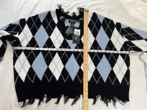 Just Polly Y2K Grunge Distressed Argyle Knit Sweater Size XL NWT Blue thumbnail 7