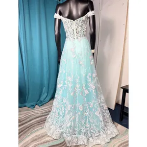 Morrell Maxie Size 4 Aqua White Floral Lace Off‎ Shoulder Formal Gown thumbnail 3