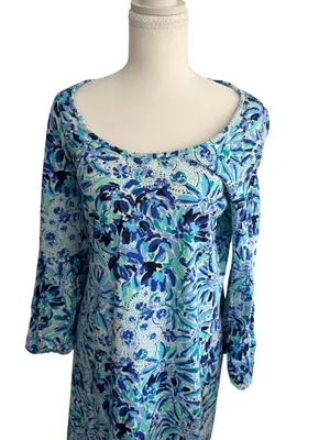 LILLY PULITZER Blue Floral 3/4 Sleeve Dress Size Medium thumbnail 4