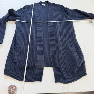 LL Bean Navy Blue Shaker Stitch Cotton Open Cardigan Sweater Pockets Size XL thumbnail 6