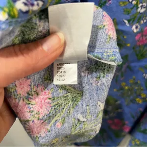 LOFT Women’s 2 Floral Babydoll Dress Blue Linen Blend Scoop‎ Neck Puff Sleeve thumbnail 9