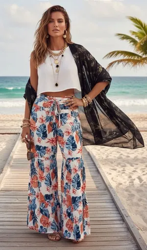 Roxy ✿ Saturated Floral Print Wide Leg Beach Pants ✿ Red White + Blue ✿ Small thumbnail 1