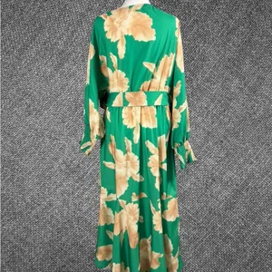 Green Floral Long Sleeve Hi Low Midi Dress With Waist Tie thumbnail 7