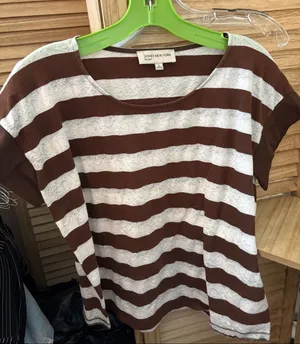 Jones New York Brown and White Striped Lace-Inset Short Sleeve Tee Large thumbnail 1