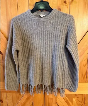 Hem & Thread Grayish Brown Pullover Fringe Hem Wool Blend Sweater Size Small (73 thumbnail 1