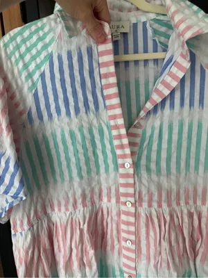 AURA Striped pastel babydoll shirt dress mini button down pockets collar short thumbnail 6