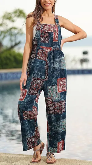 Himosyber Patchwork Jumpsuit Loose Floral Print Bohemian Wide Leg Overall 2XL thumbnail 2