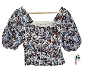 Abercrombie & Fitch White Floral Smocked Puff Sleeve Blouse Top Women Size Small thumbnail 1