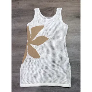 Women's Size Small Ivory Crochet Knit Mini Dress Beige Leaf Beach Cover Up thumbnail 2