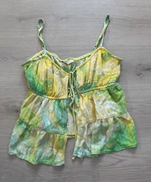 Whimsical American Eagle Outfitters Yellow & Green Tie-Front Tiered Cami thumbnail 1