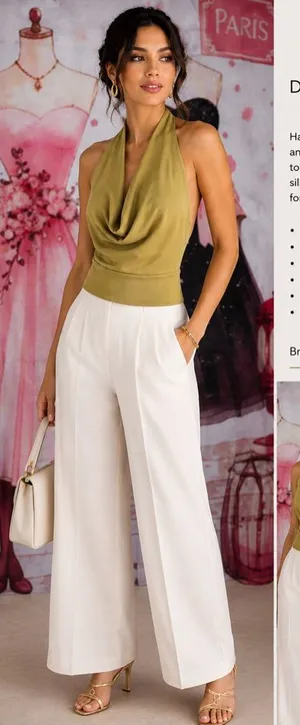 ZARA Olive Green Draped Halter Top with White Wide-Leg Pants thumbnail 1