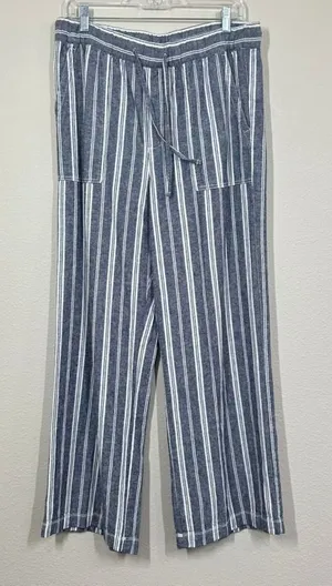 Gap Women's Medium Blue White Striped Linen Blend Wide Leg Drawstring Pants thumbnail 1