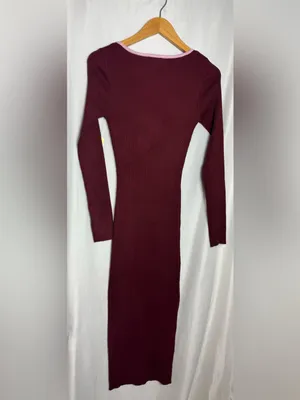 Ribbed Long Sleeve Bodycon Dress in Burgundy with Pink Trim Small NWT thumbnail 3