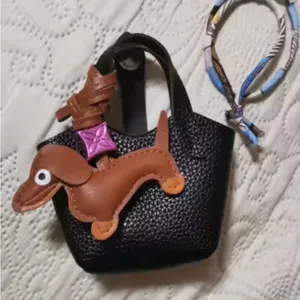 Mini Leather Bag For AirPods Case With Tiny Dachshund As Decor Black Set Brown thumbnail 1