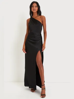 LULU’S Signature Elegance Black Satin One-Shoulder Maxi Dress thumbnail 6